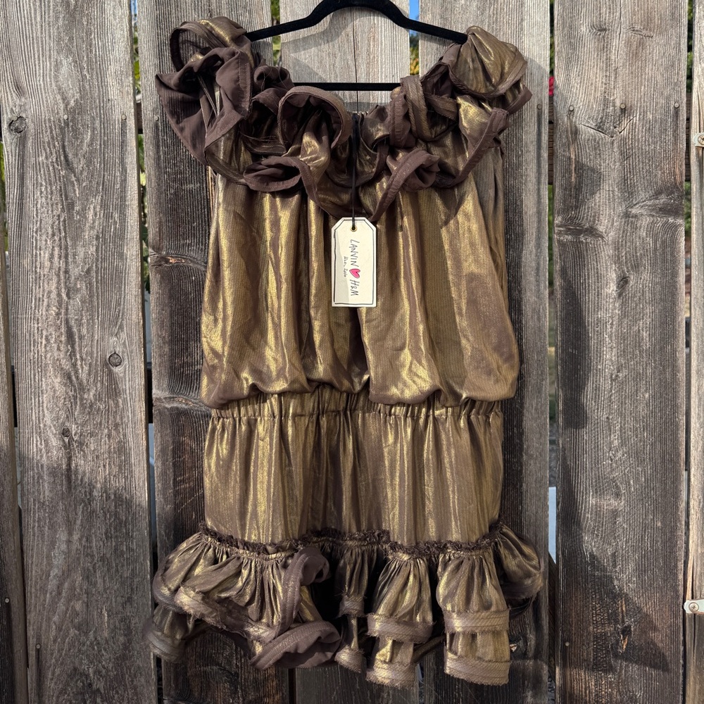 Vintage Deadstock NWT LANVIN H&M Bronze Rare Ruffle Party Metallic Mini Dress